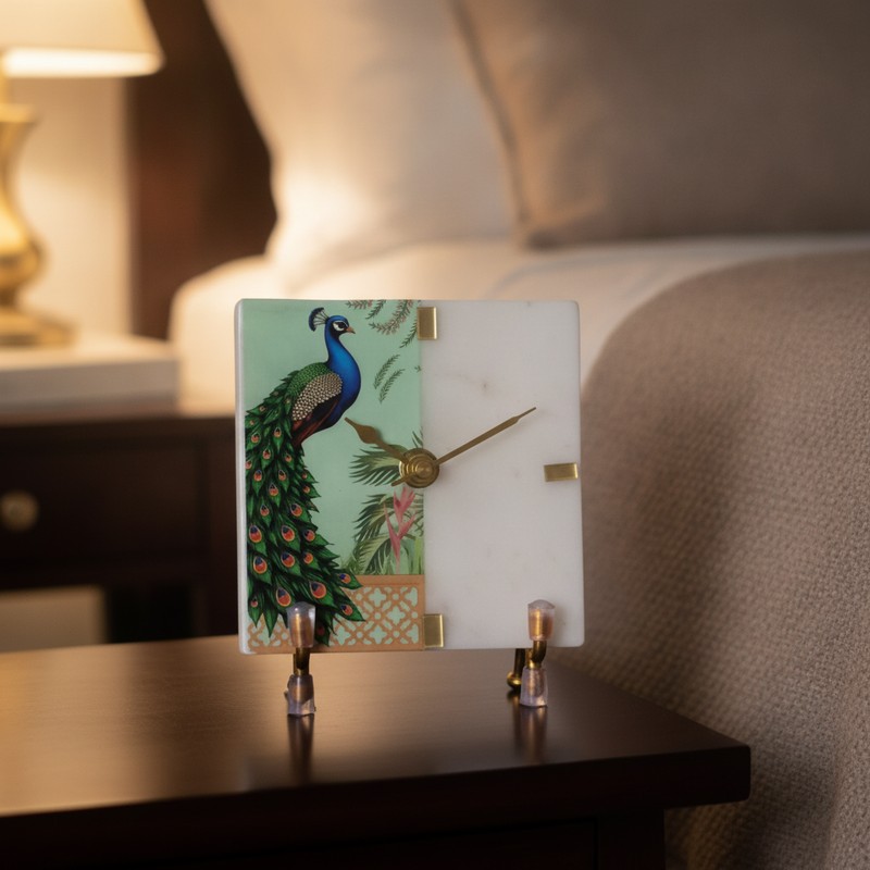 Majestic Mayura Marble Table Clock With Stand