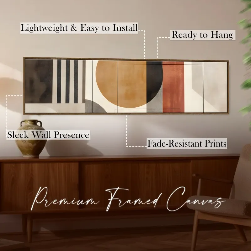 Framed panoramic geometric wall art styled above a wooden console