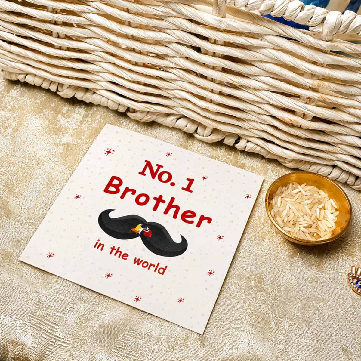No. 1 Brother greeting card with a moustache illustration beside a bowl of rice.