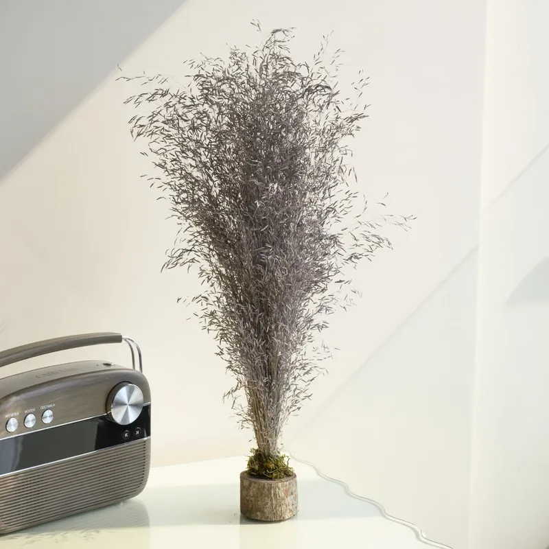 Purple dried grass arrangement styled on a tabletop in a bright room