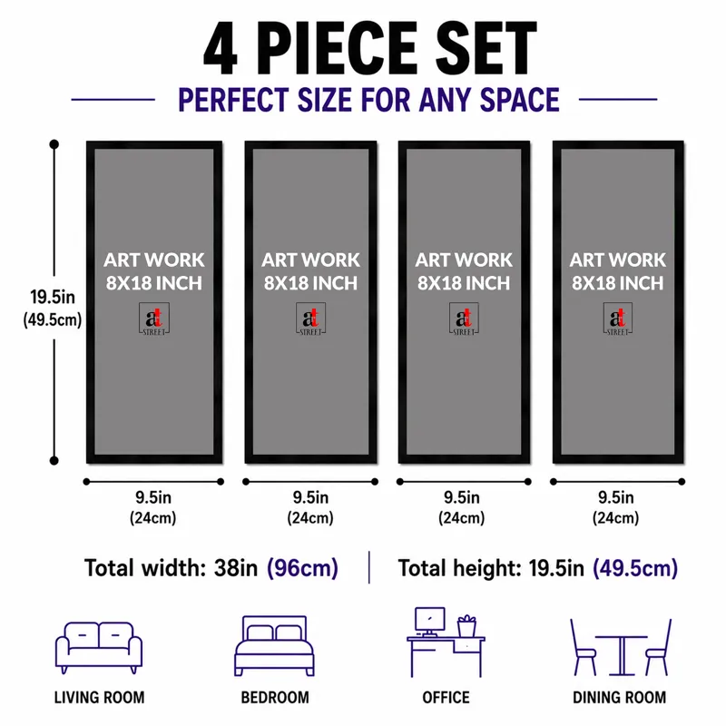 Graphic showing a four-panel wall art layout with placement icons