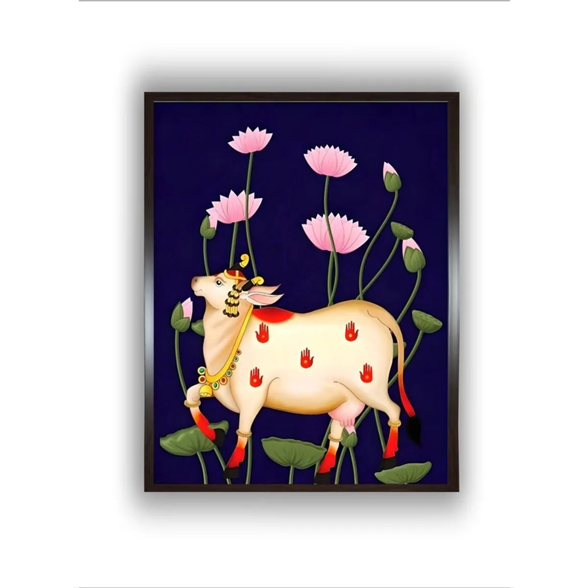 Straight-on view of framed divine cow and lotus wall painting