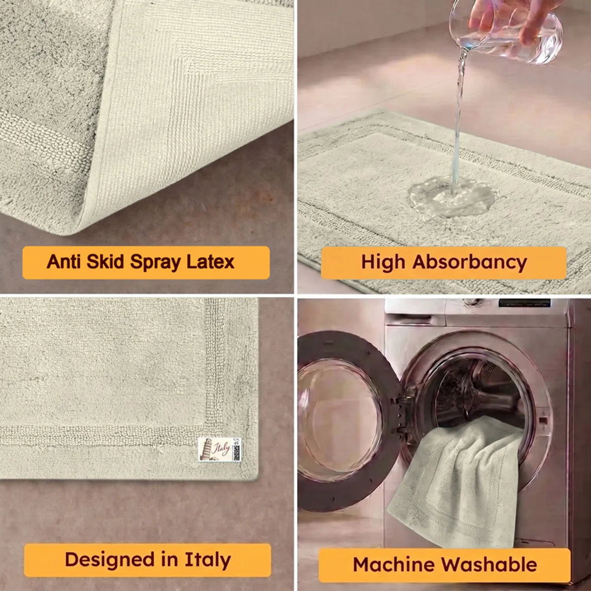 Close-up collage showing the bath mat backing, absorbency, texture and machine washing.