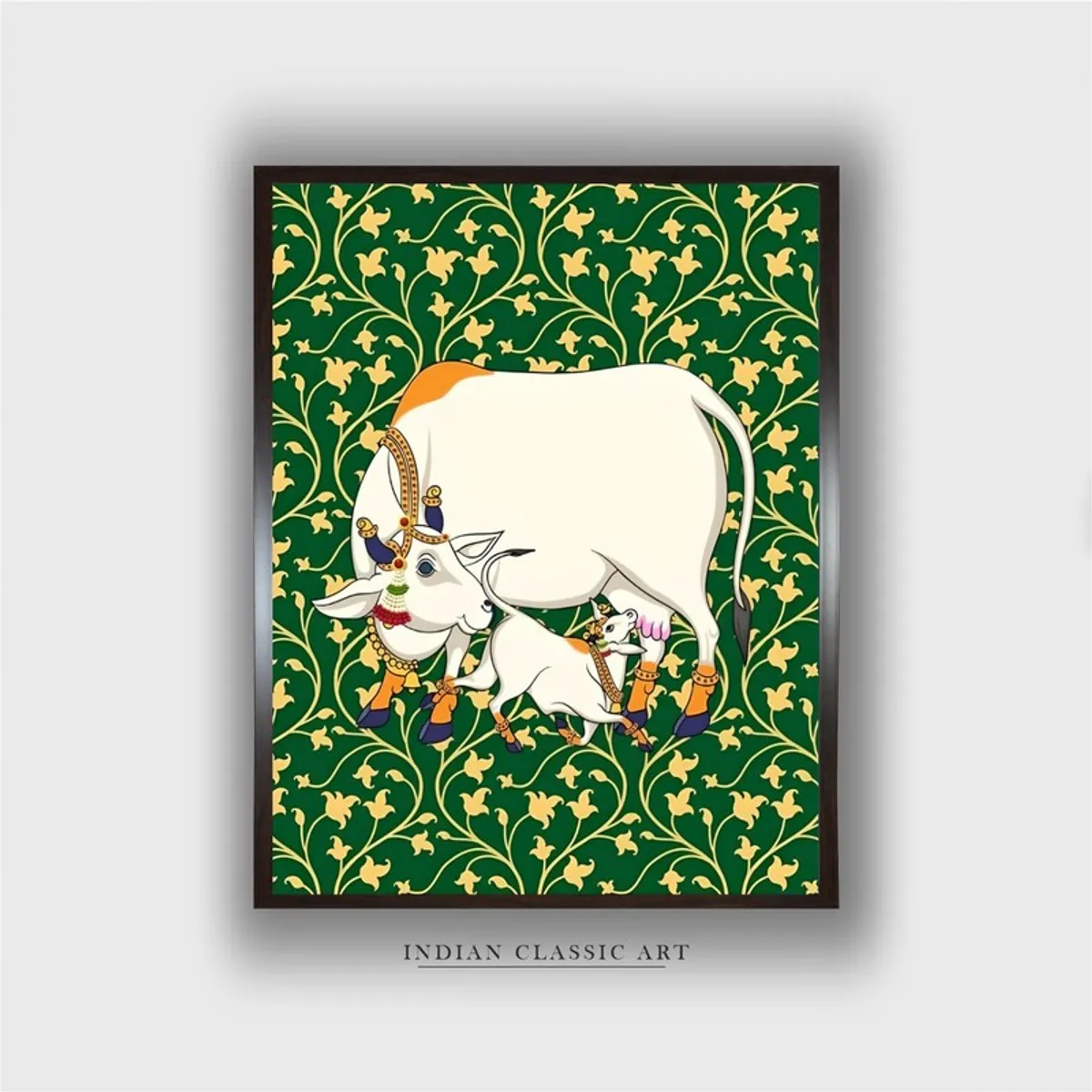 Front view of framed mother cow folk canvas painting with green botanical background
