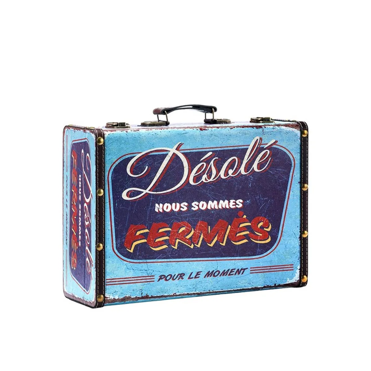 Blue rectangular storage box with vintage sign-style print on a white background