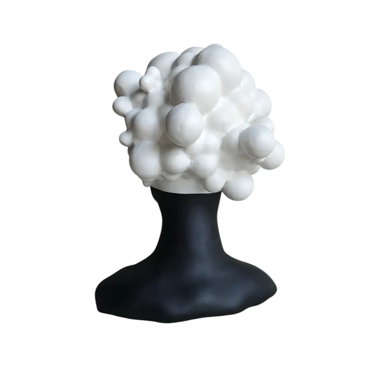 Rear view of the bust showpiece with clustered rounded white hair forms