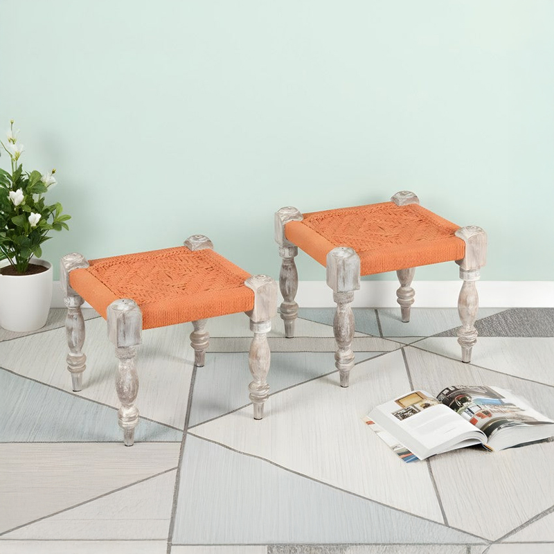 Jexon Sheesham Wooden Stools (Orange) - Set Of Two