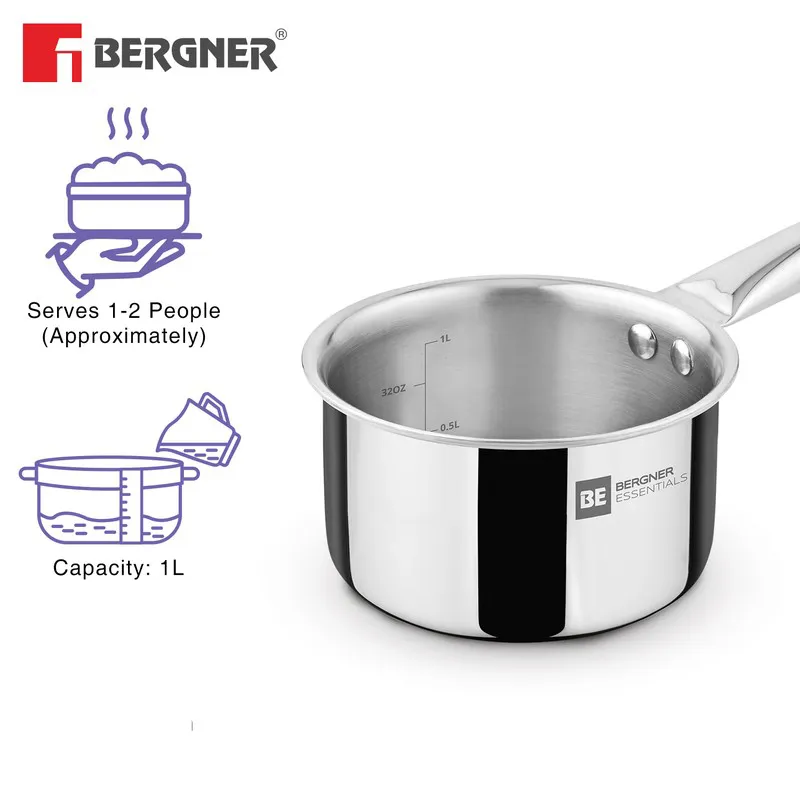 Silver saucepan shown with a capacity and serving illustration.