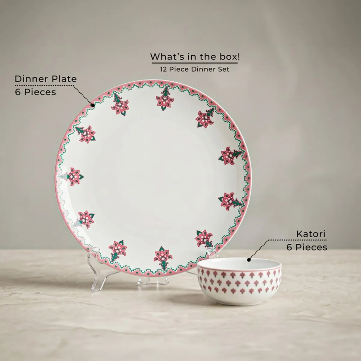 Single pink and white floral plate with matching bowl