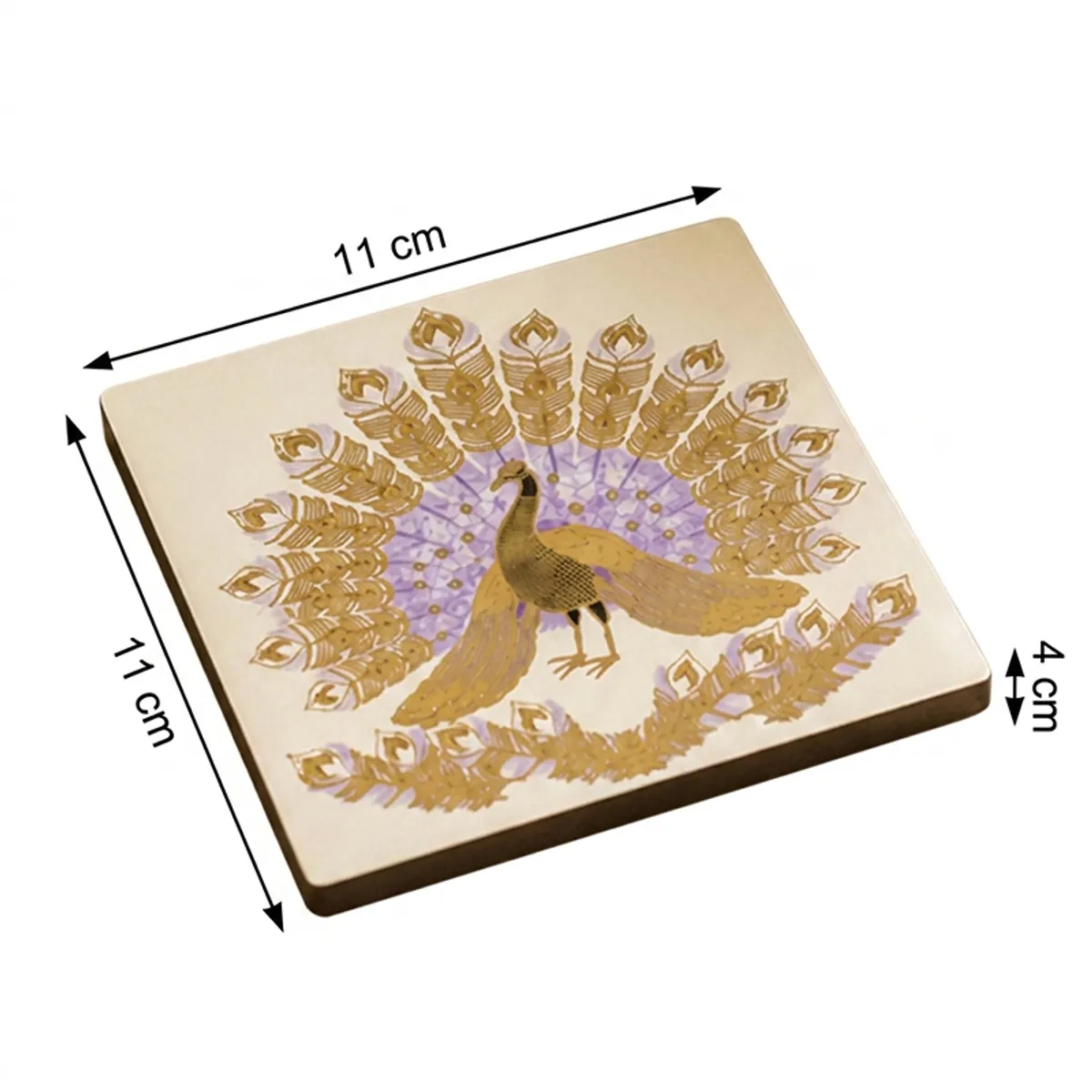 Square peacock coaster shown with visible 11 cm length, width and 4 cm thickness