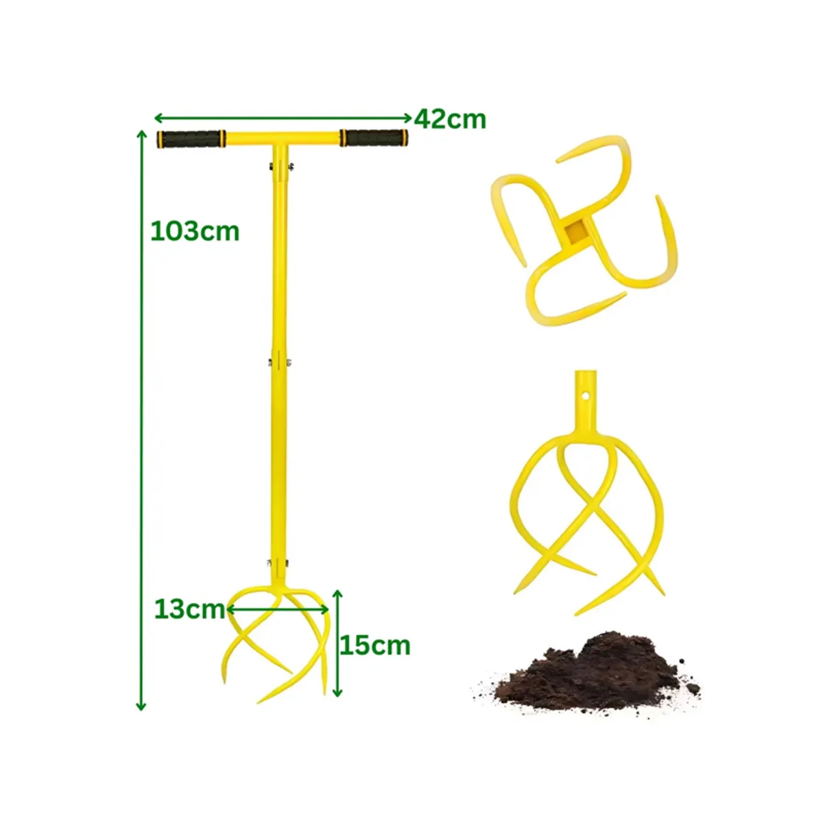 Yellow soil auger with separated tines and green dimension markings
