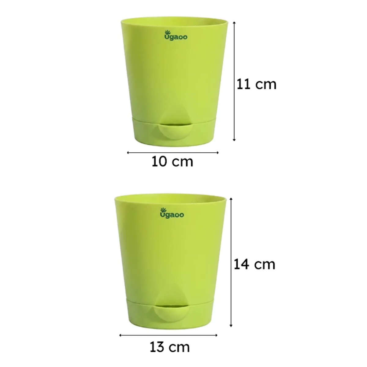 Two bright green planter sizes shown with measurement markings.