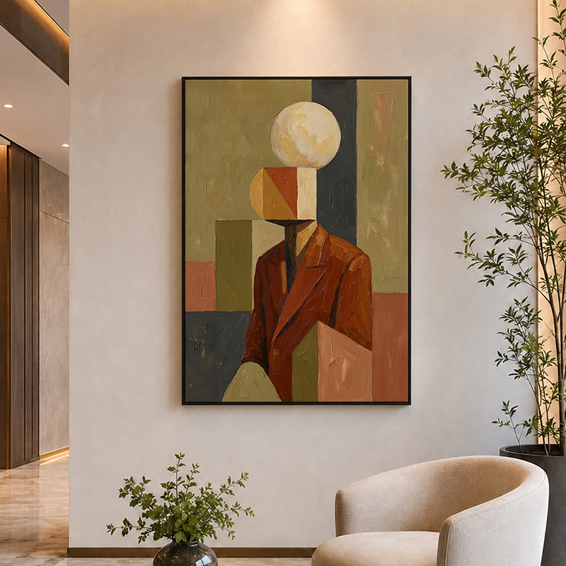 Sphere-Headed Gentleman Canvas Wall Painting With Frame - Beige - Small