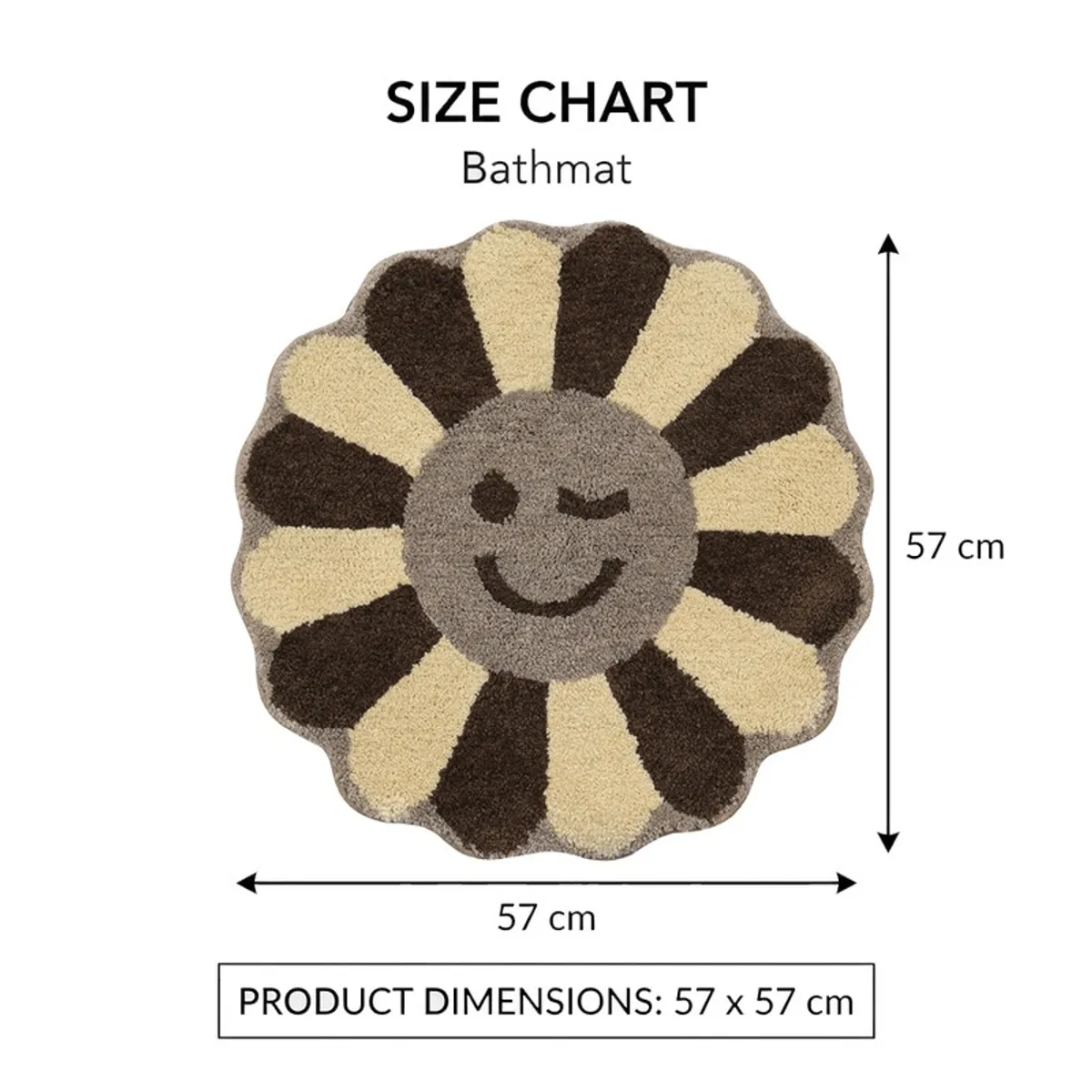 Brown and cream flower-shaped bath mat shown with 57 cm size markings