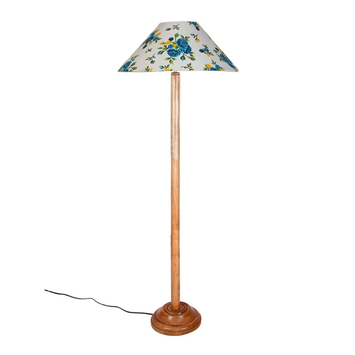 Floor lamp with blossom-print shade and wooden stand on a plain white background