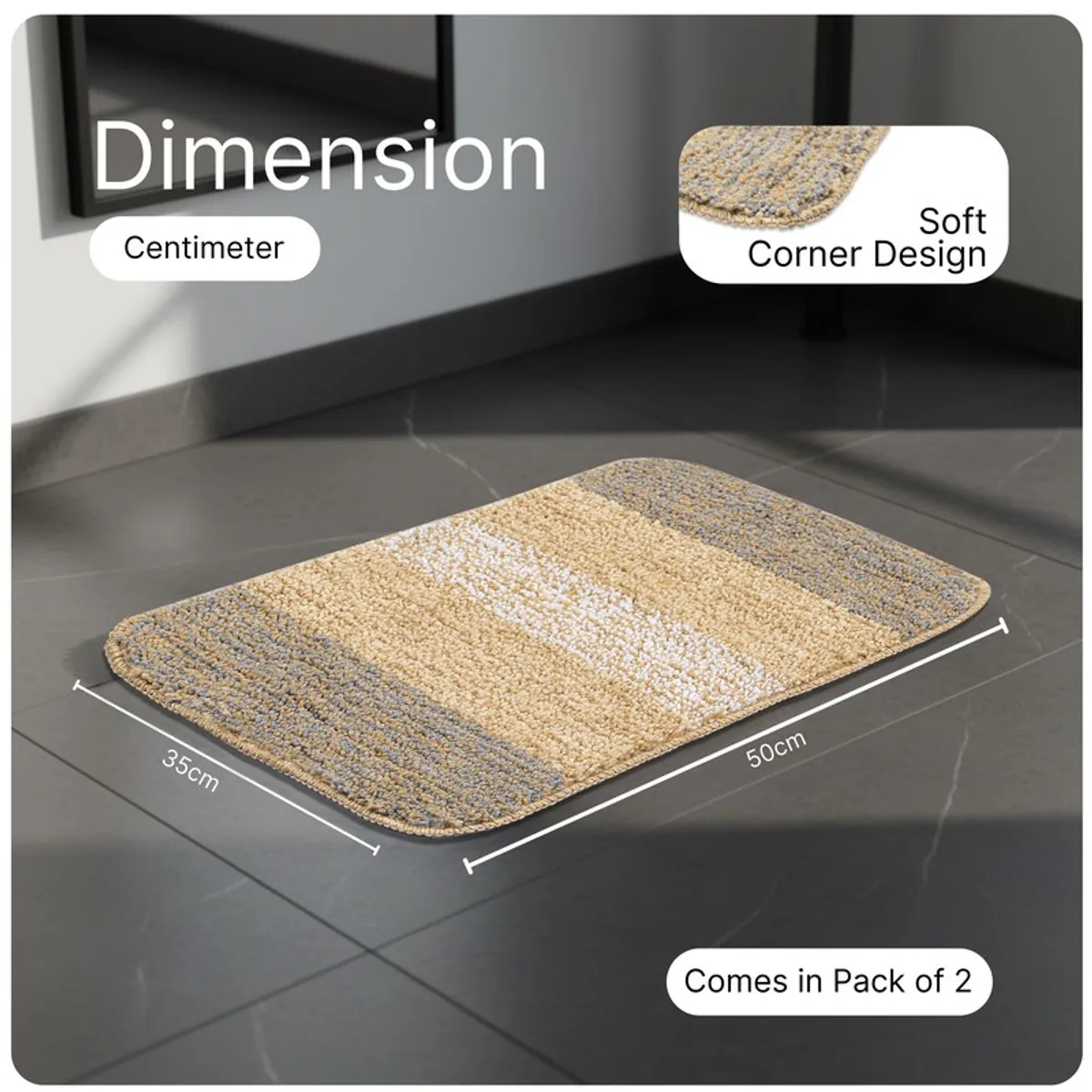 Single beige and grey striped bath mat shown on a bathroom floor with dimensions indicated.