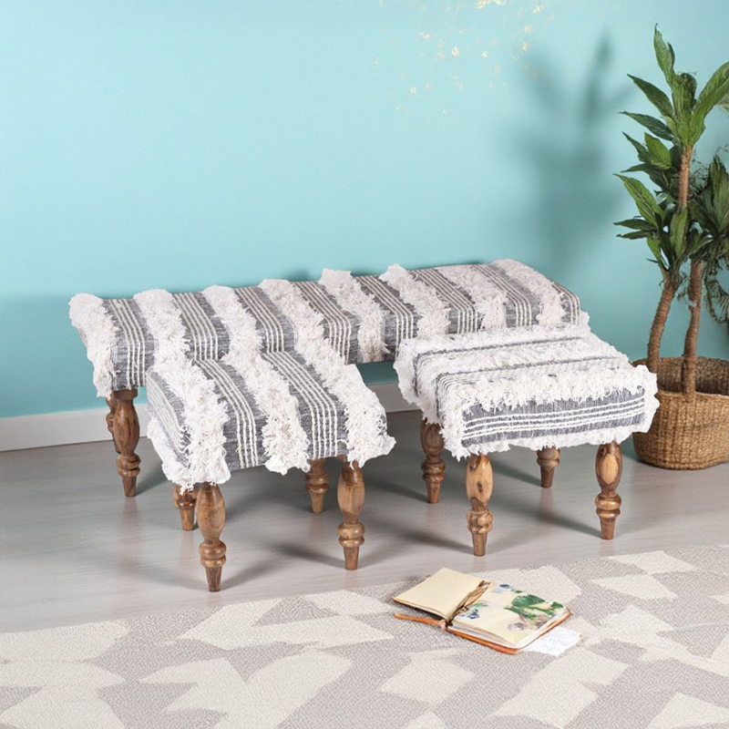 Aurex Sheesham Wooden Bench With Stools (Grey) - Three Piece Set