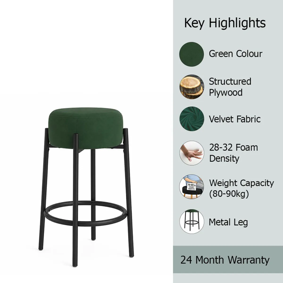 Green bar stool with black metal frame on a plain background