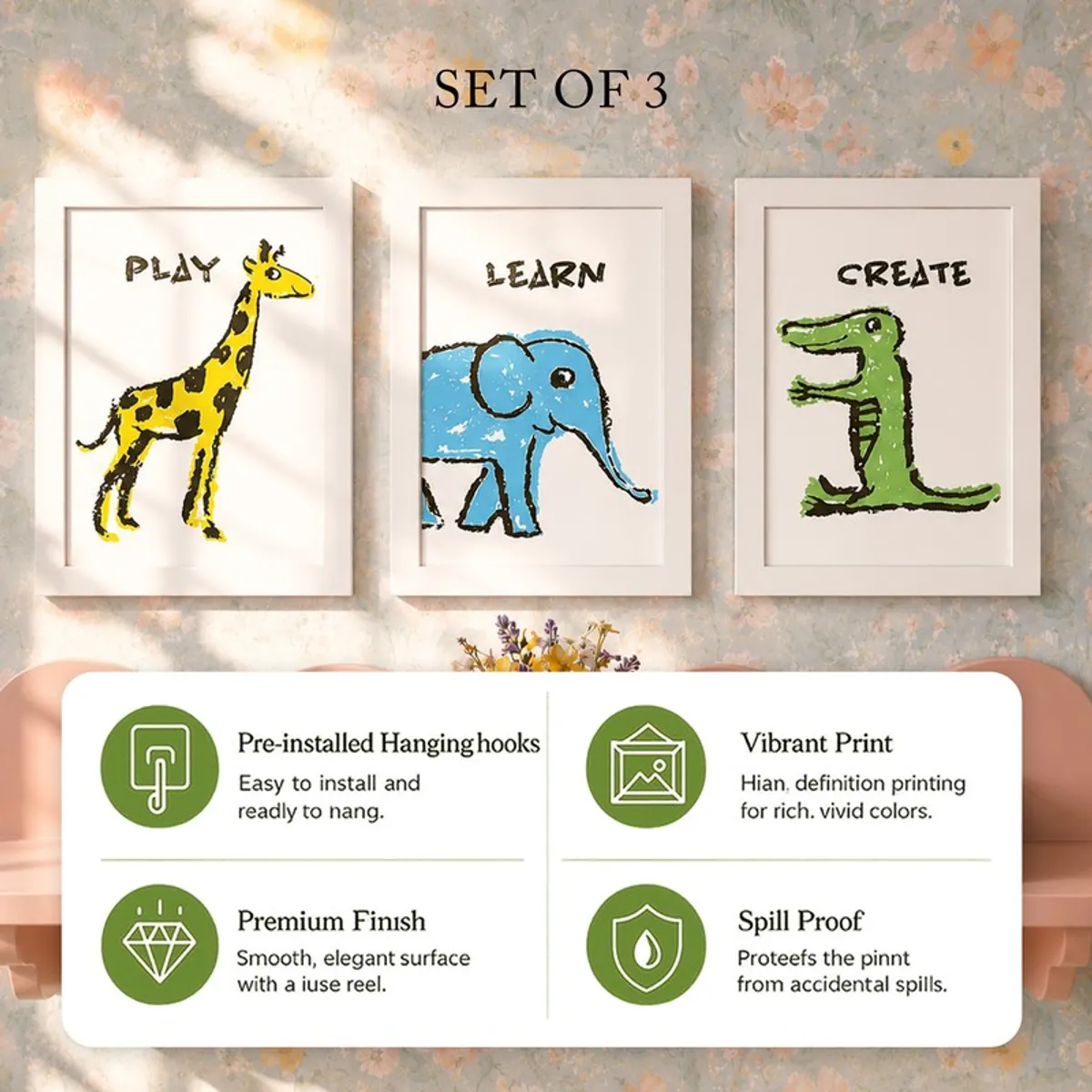 Set of three framed animal prints displayed with feature icons