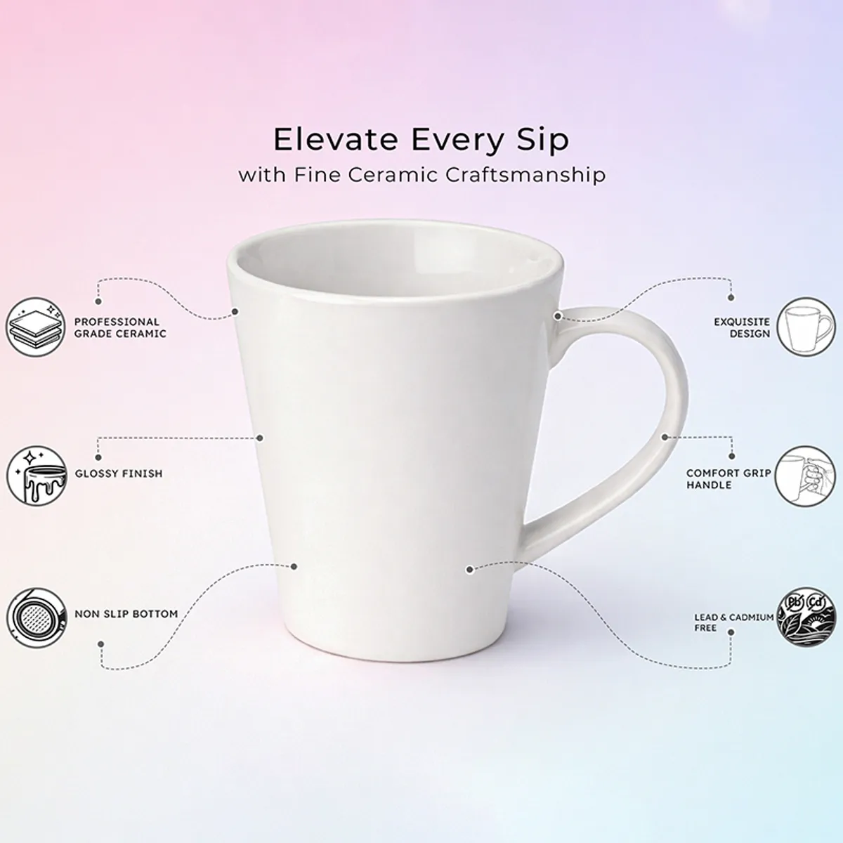 Single white ceramic mug on a soft pastel background