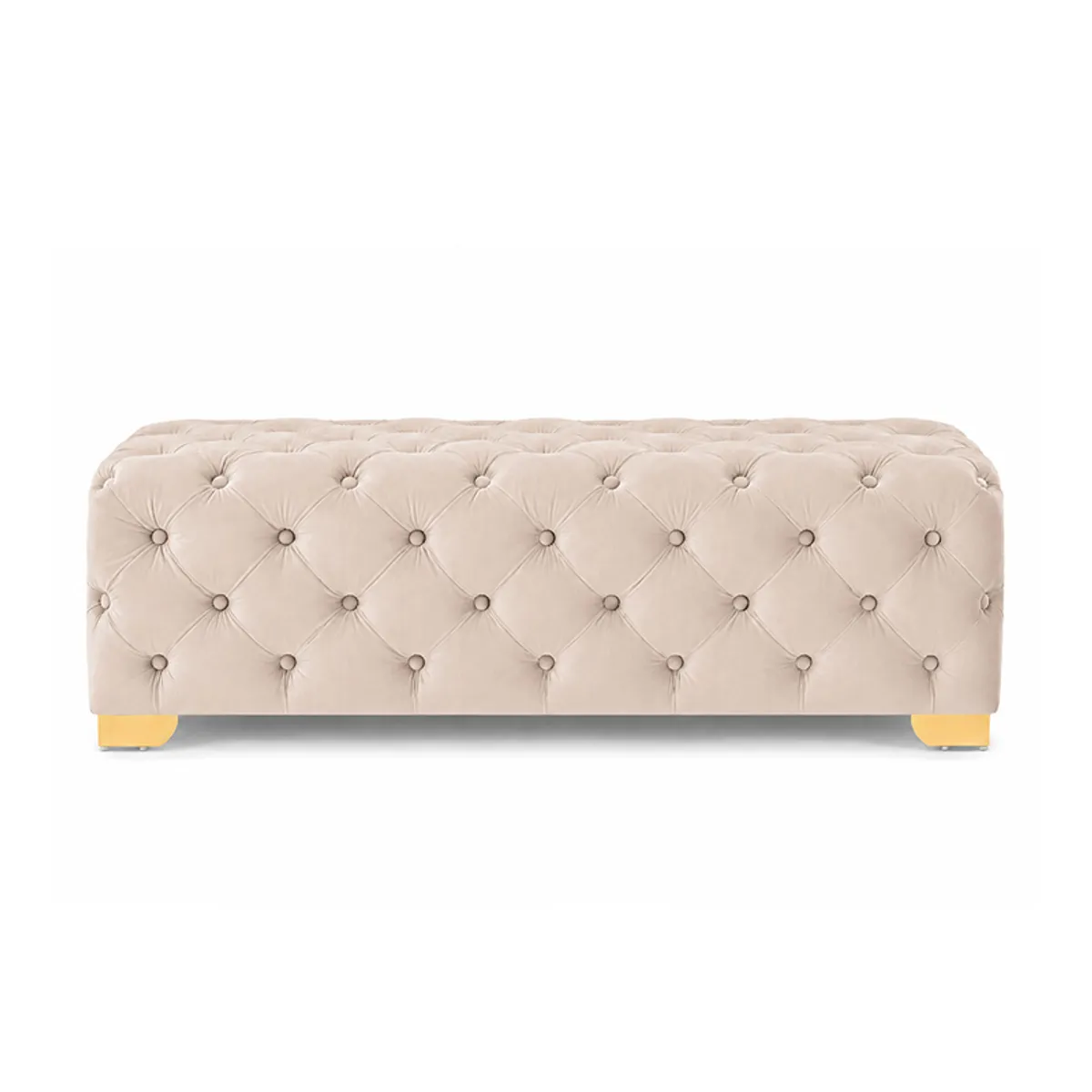 Front view of a beige velvet bench with all-over button tufting and gold-finished legs.
