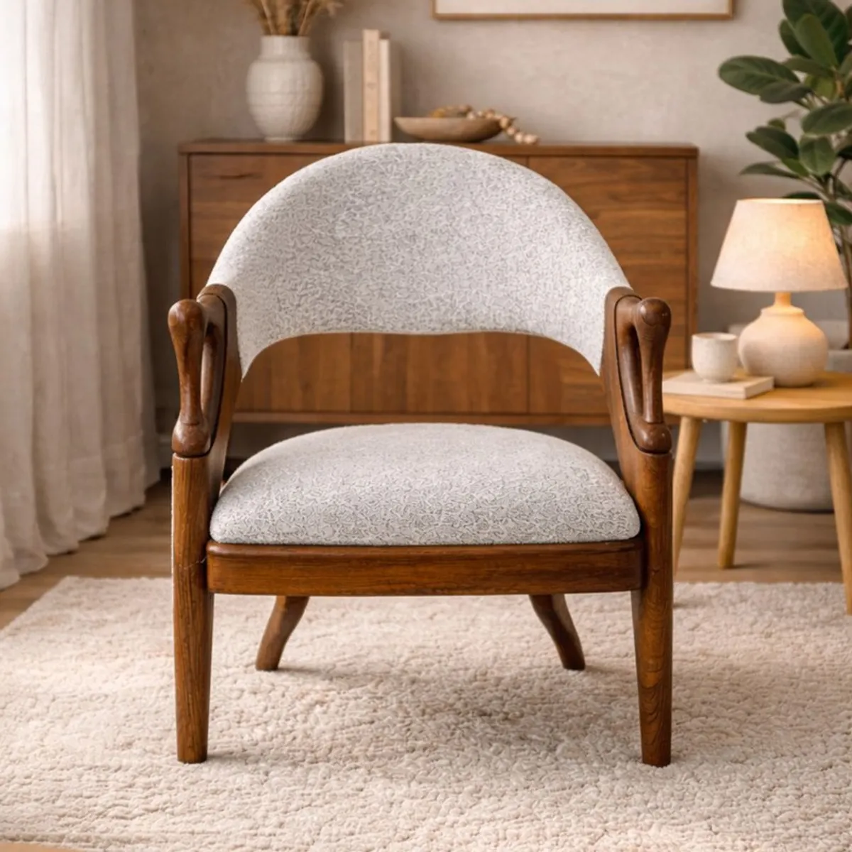 Front view of a grey velvet accent chair with a curved back and wooden arms