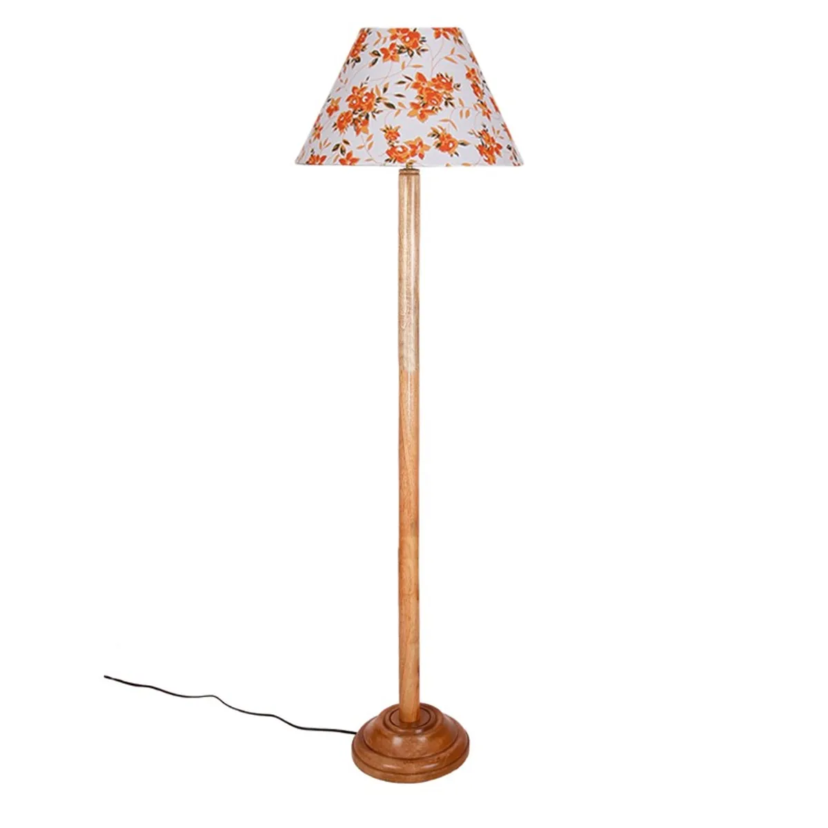 Wooden floor lamp with floral cotton shade on a plain white background