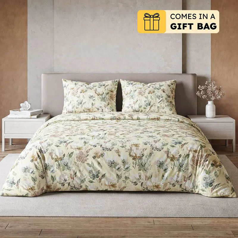 Teva Vintage Flora Cotton Bedsheet (Biege) - 254 TC - Queen Fitted