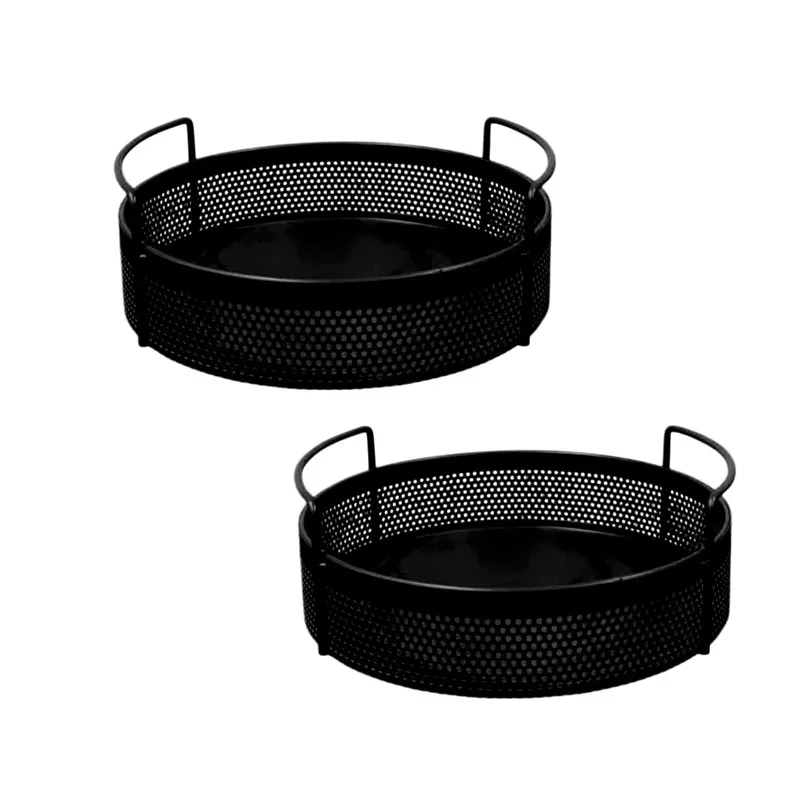 Set of two round black perforated metal baskets with side handles