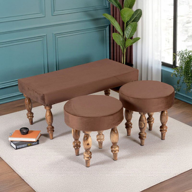 Dovex Sheesham Wooden Bench With Stools (Brown) - Three Piece Set