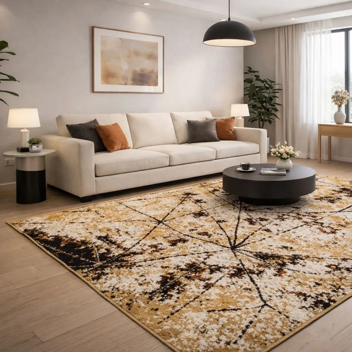 Large beige and brown abstract carpet styled in a modern living room