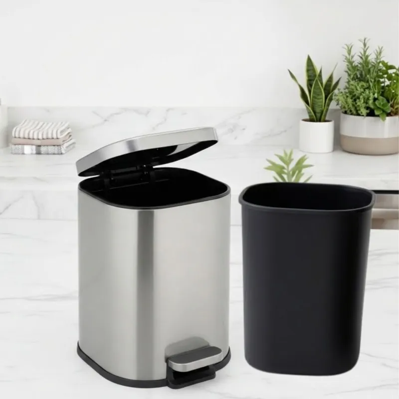 Silver metal dustbin with removable black inner bucket