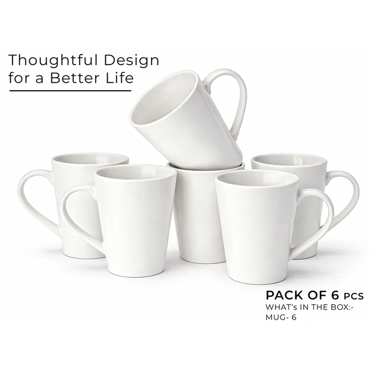 Set of six white ceramic mugs grouped together on a white background