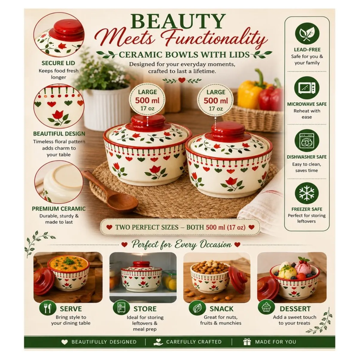 Two red and cream floral ceramic bowls displayed with serving and storage ideas.