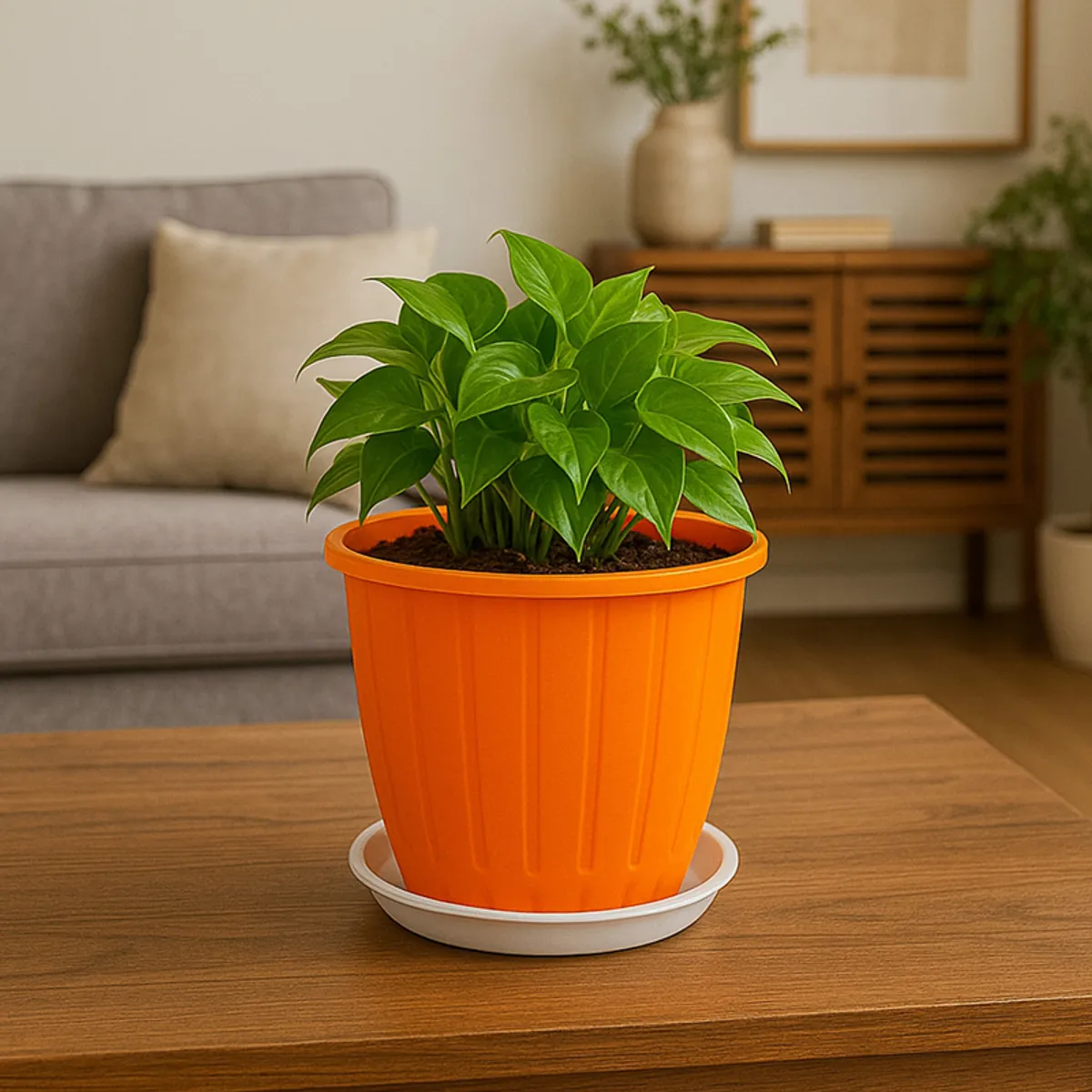 Orange planter with a green leafy plant on a wooden table