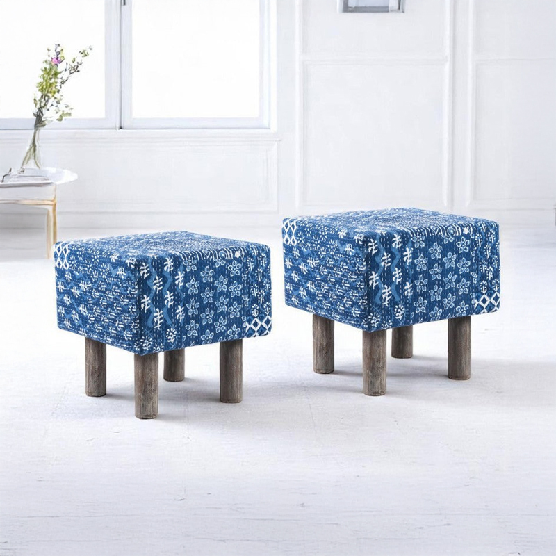 Urixon Acacia Wooden Ottomans (Blue) - Set Of Two