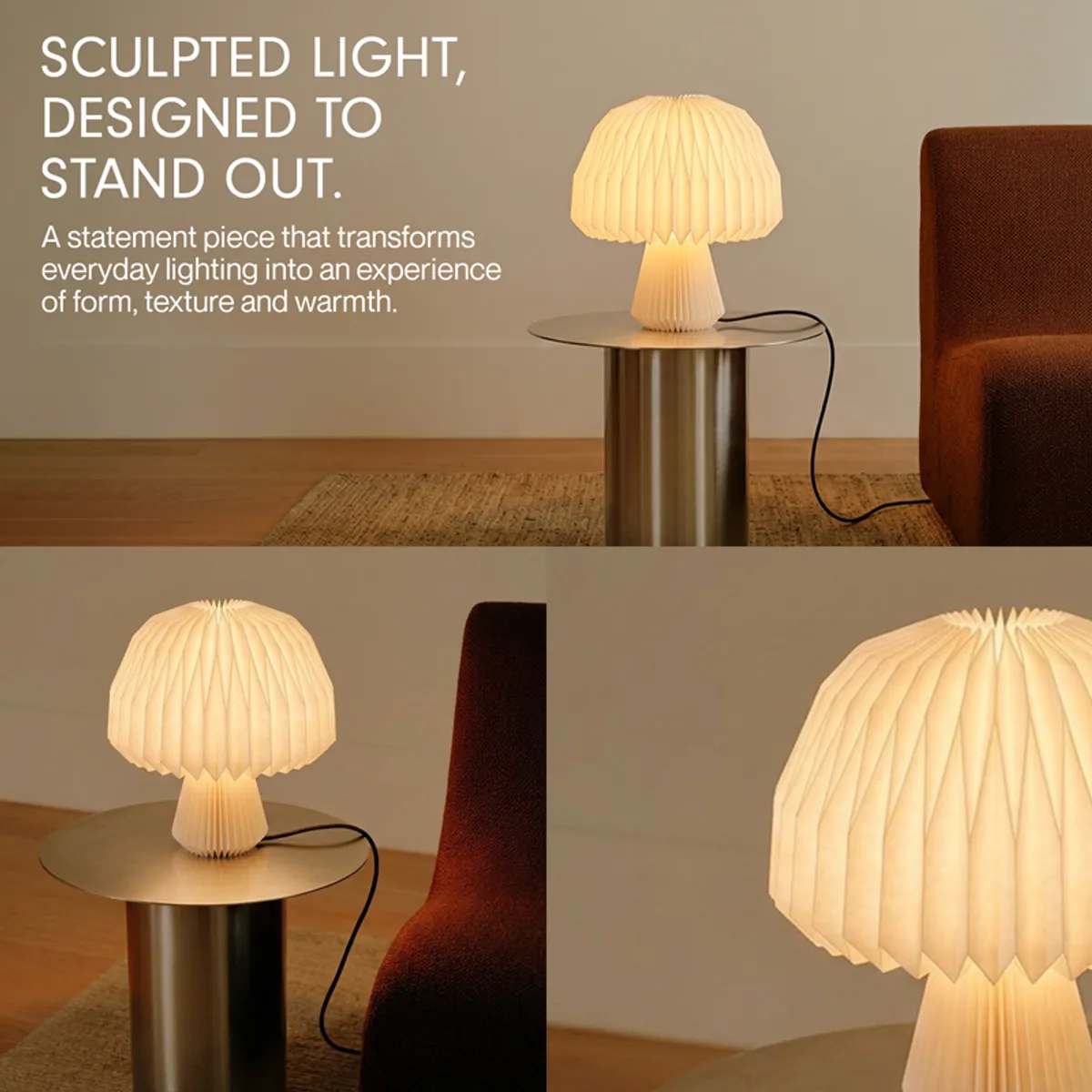Off-white sculptural table lamp displayed on a round side table