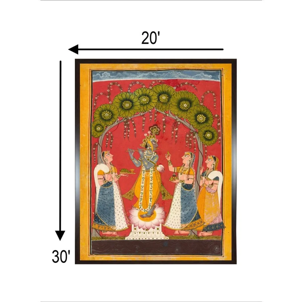 Framed Krishna devotees painting shown with printed size arrows