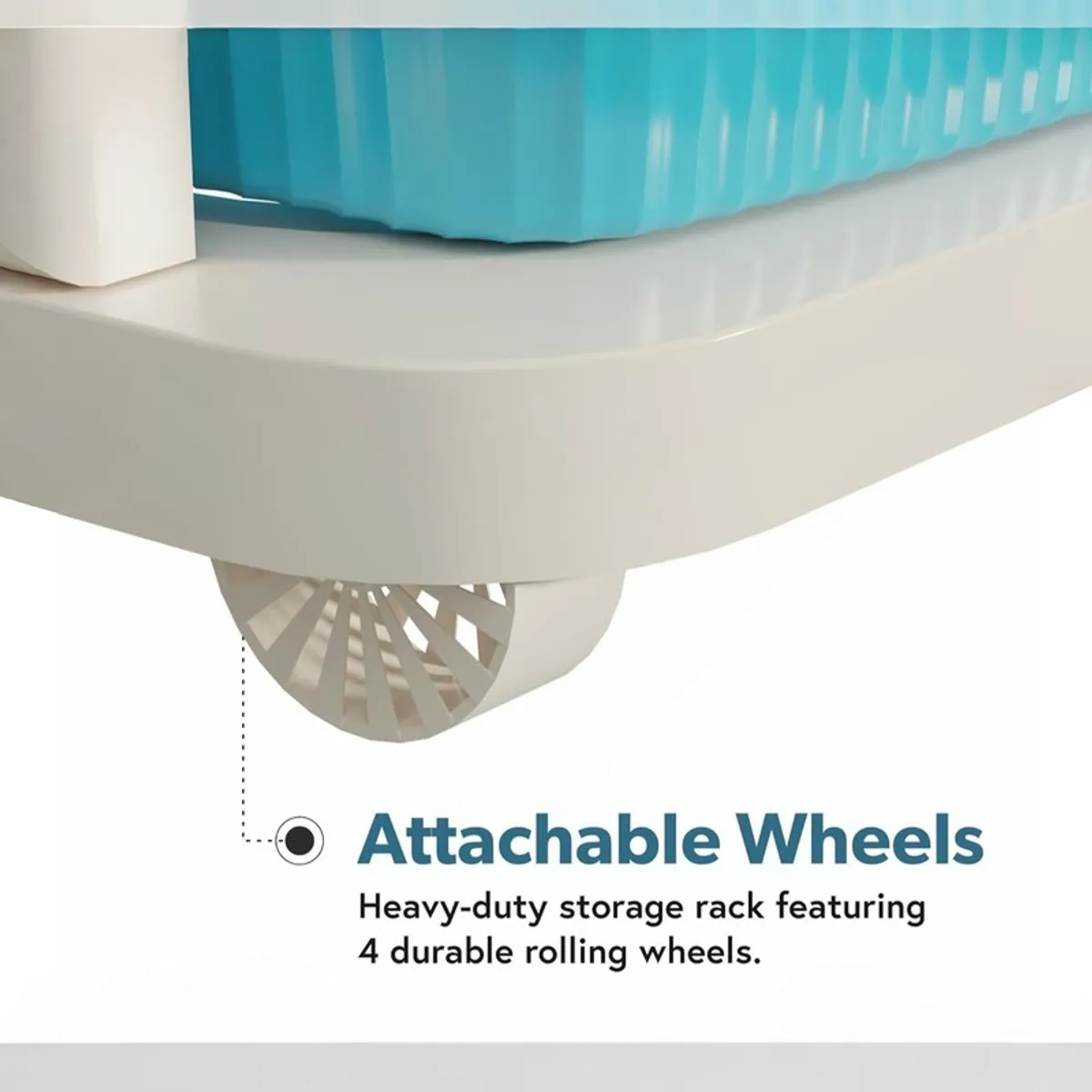 Close-up of a storage rack base and blue drawer showing a wheel
