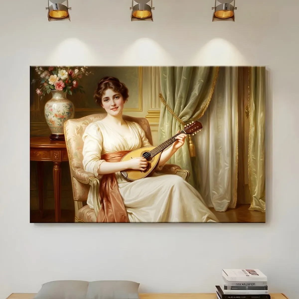 Gallery-style wall display of Victorian canvas art under three spotlights