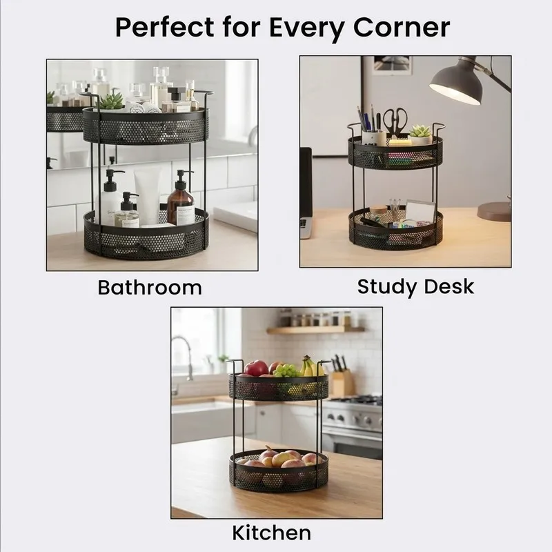 Black two-tier organiser shown in bathroom, study desk and kitchen settings