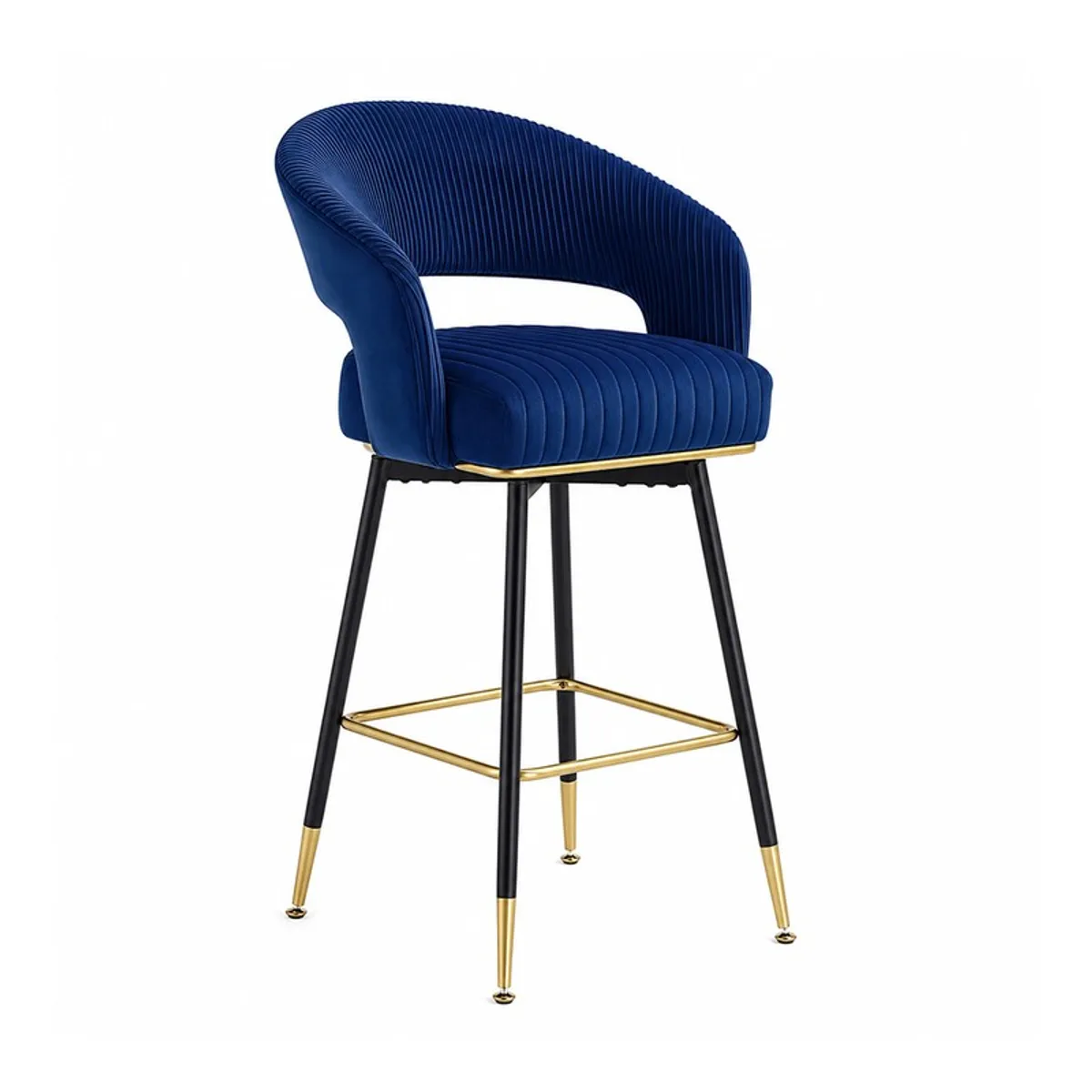 Angled view of a blue velvet bar stool with black legs and a gold footrest.
