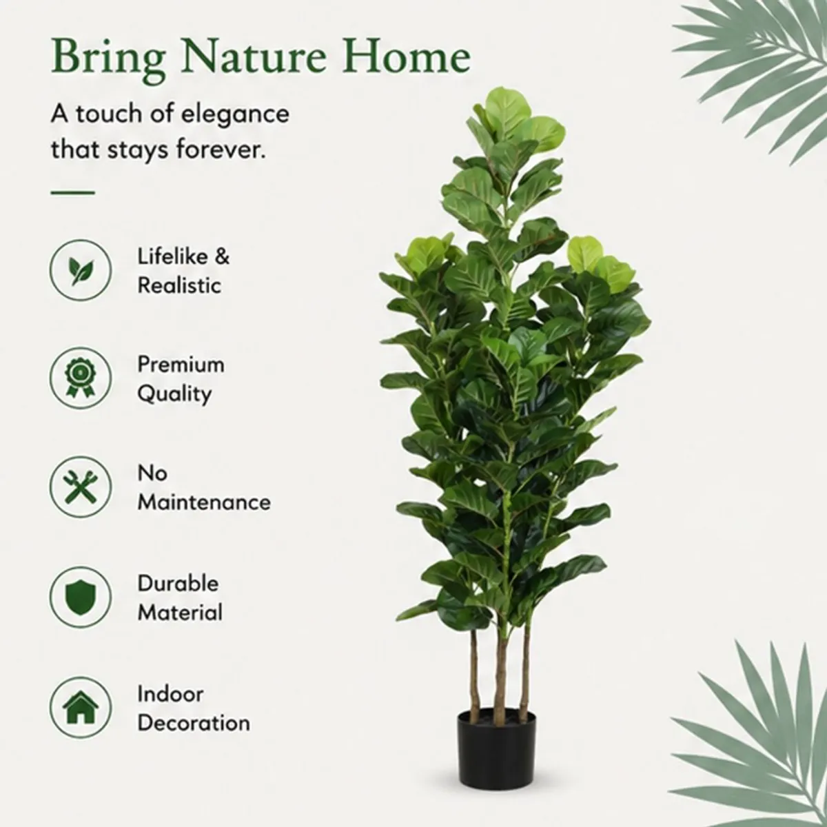 Artificial fiddle leaf fig plant with green leaves and black pot on a white background