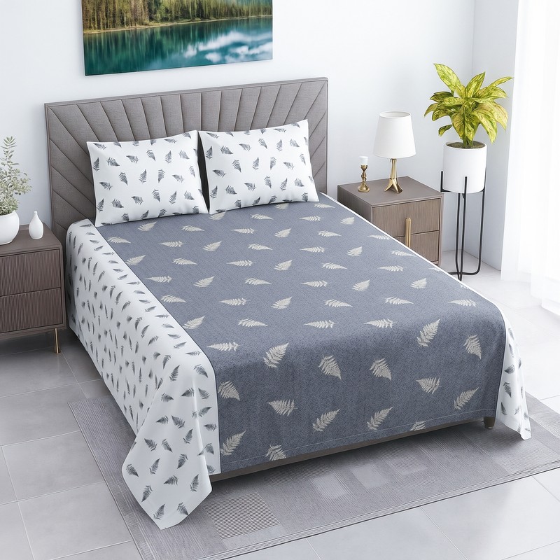 Ethnic Bloom Cotton Bedsheet (Blue) - 400 TC - King