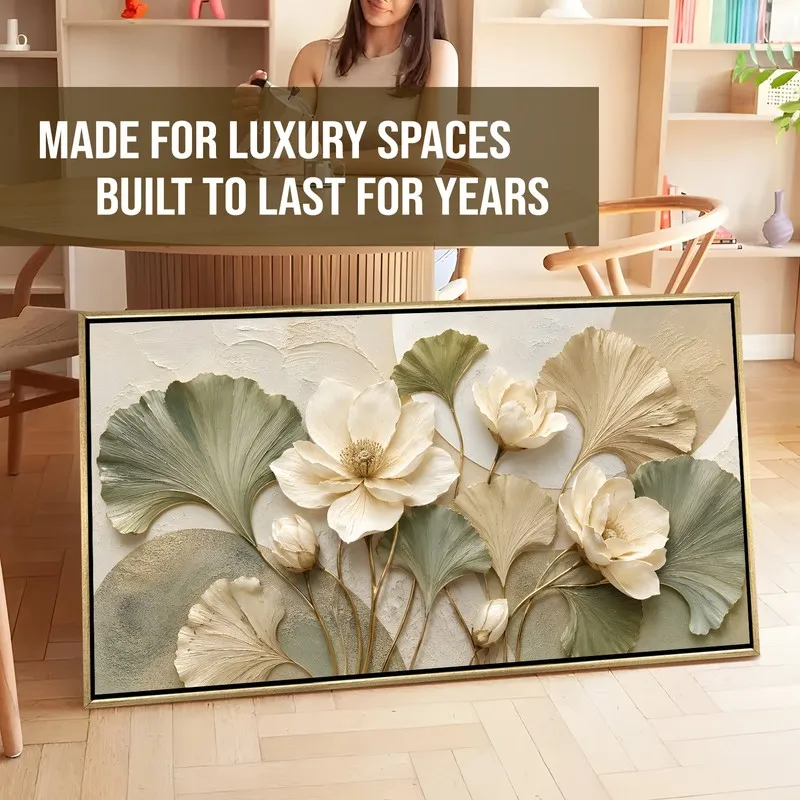 Large framed floral ginkgo leaf canvas painting leaning on the floor indoors