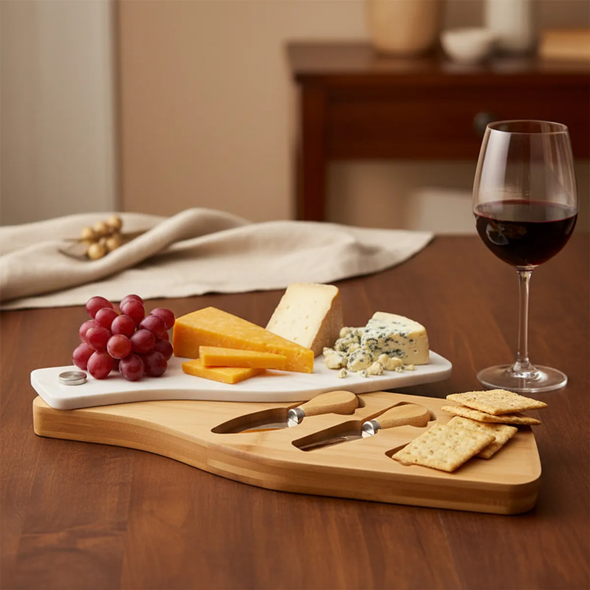 Cheese platter with marble top, knives, cheese, grapes and crackers on a dining table
