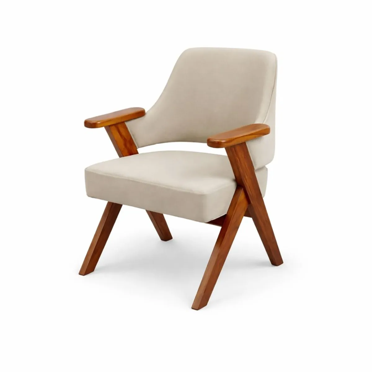 Corvello beige teak wood accent chair shown against a white background