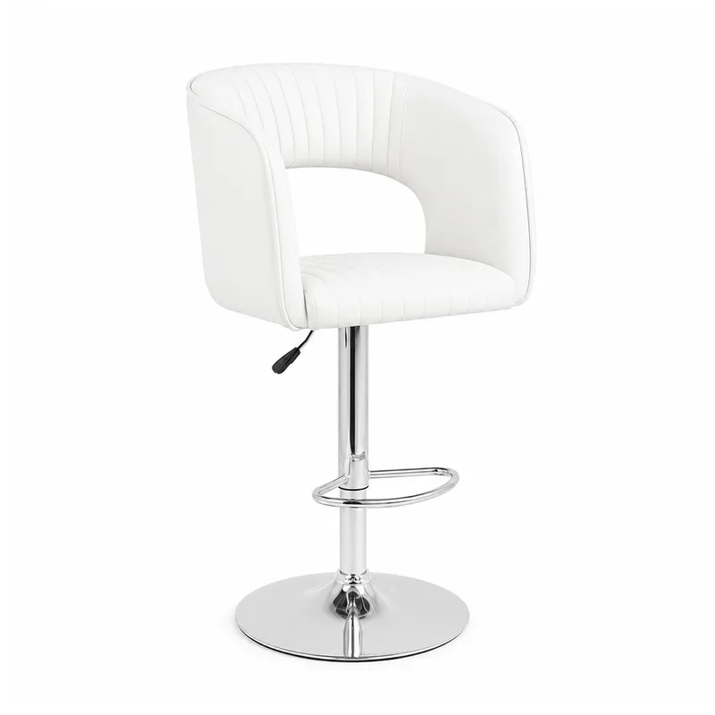 Angled view of white bar chair with curved back and chrome base