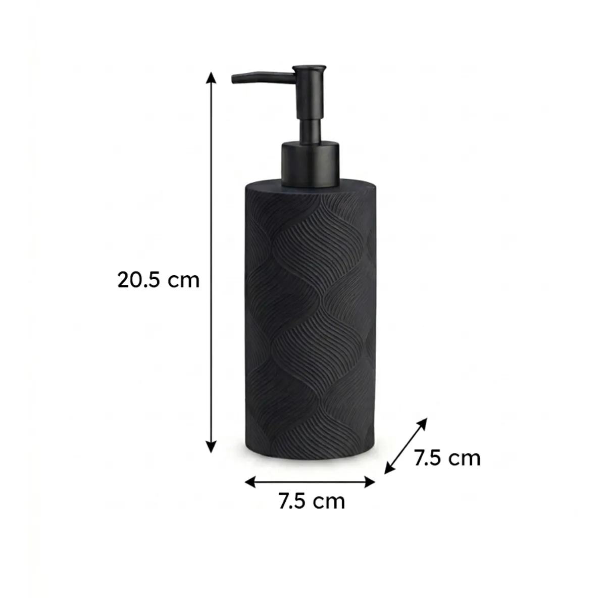 Black cylindrical soap dispenser with dimensions shown