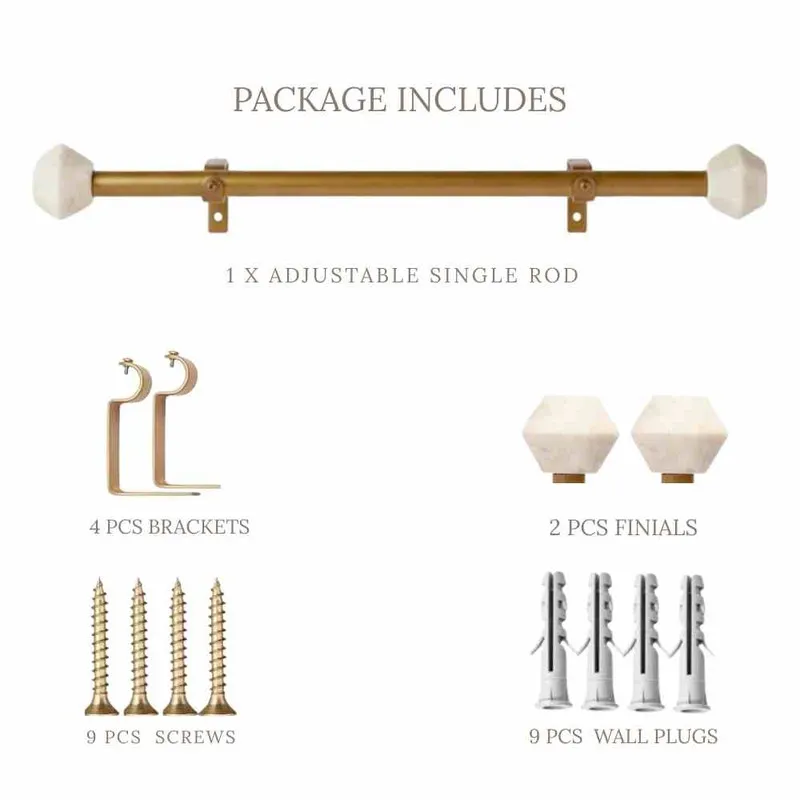 Curtain rod set with rod, brackets, finials, screws and wall plugs